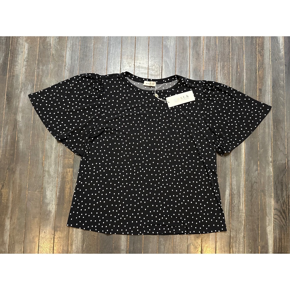 West K Black Polka Dot Flutter Sleeve Blouse Top